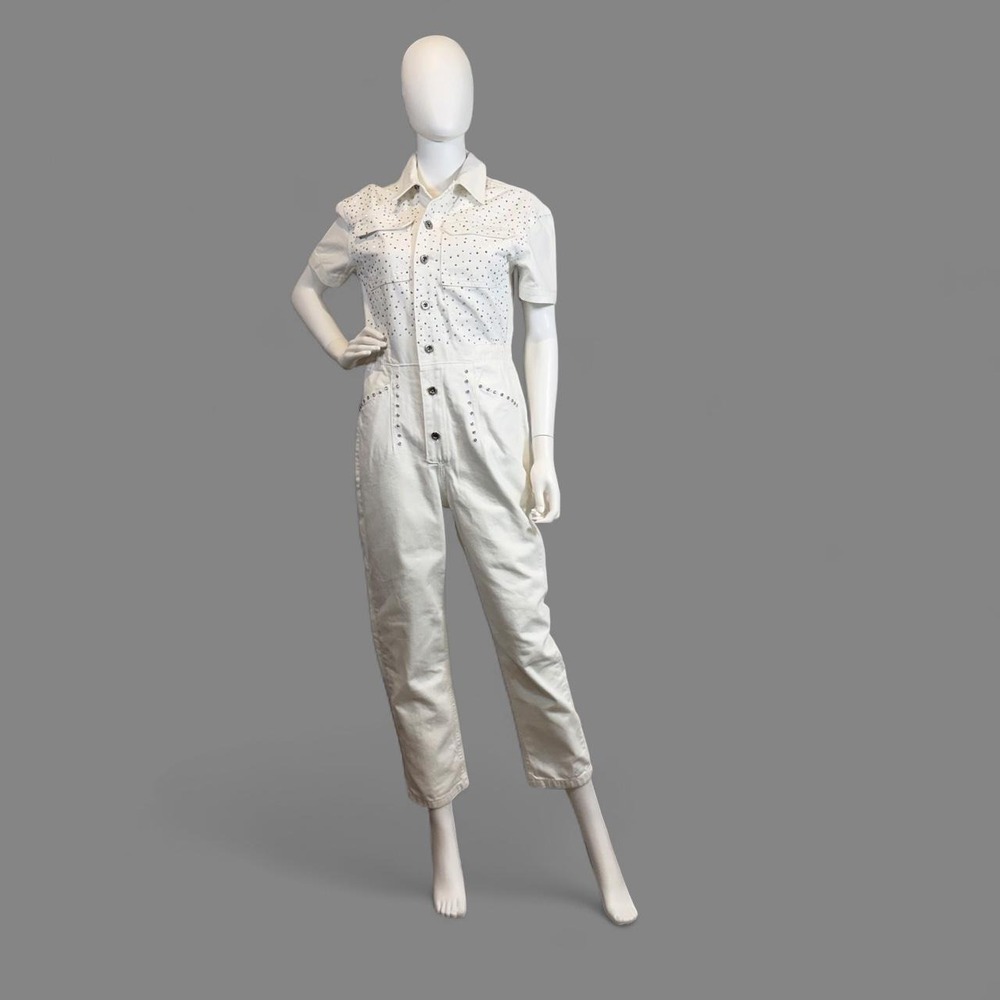Robin Denim Jumpsuit Ekru White Rhinestone Studded Boiler Suit D85268 Turkey 38